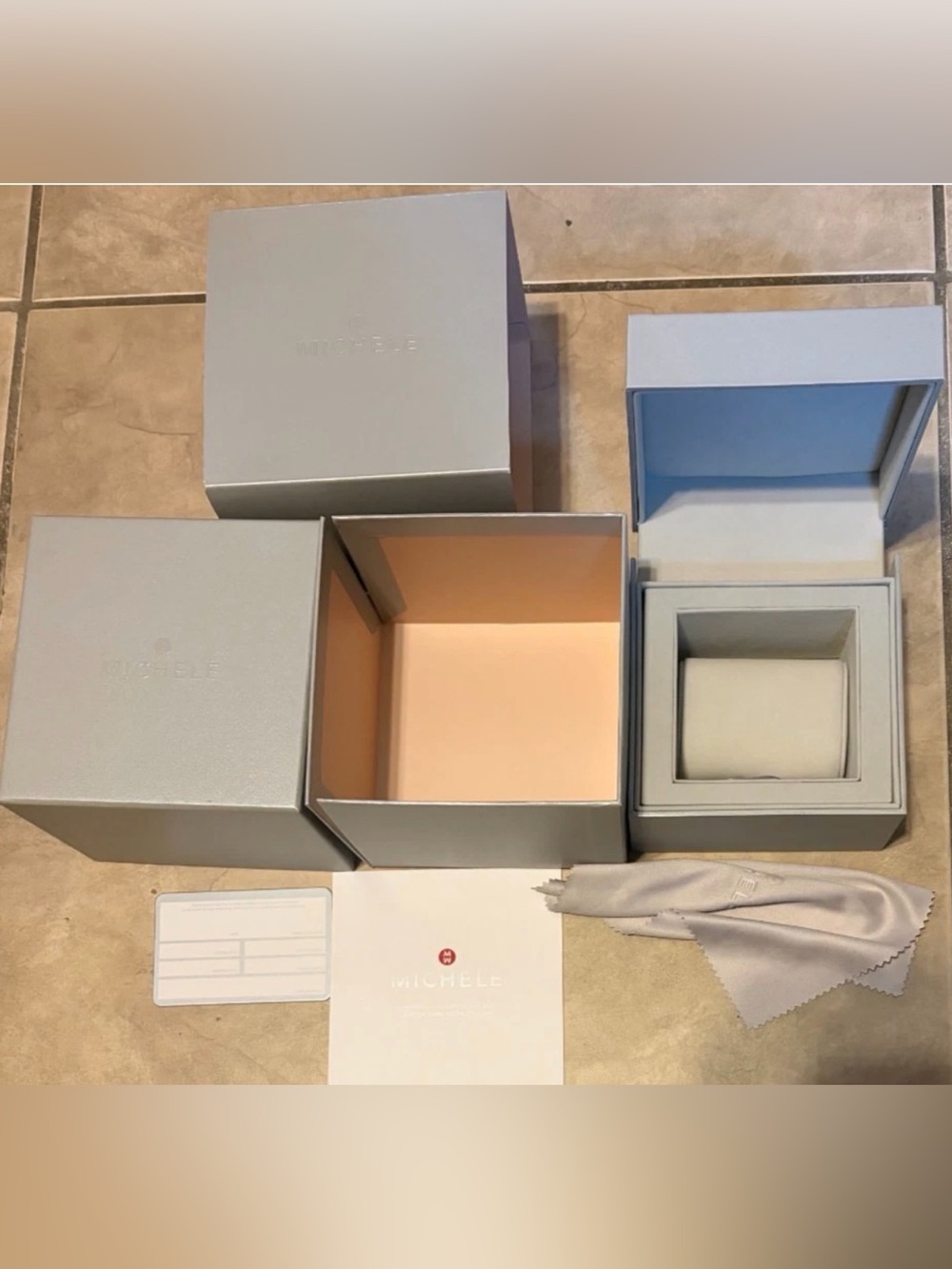Authentic Michele Gray Watch Presentation Box Case w/Pillow Cloth Warranty Card